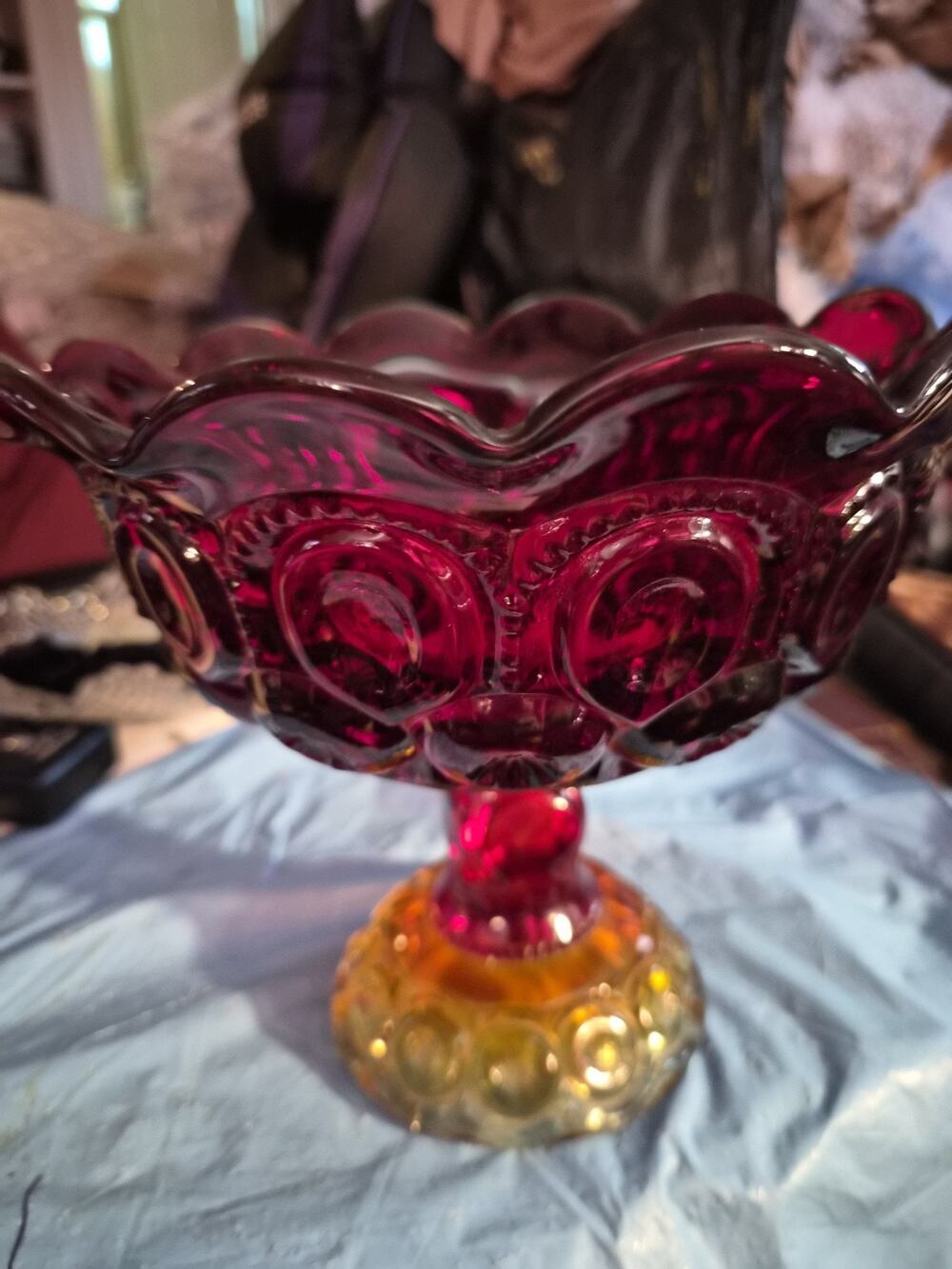 Vintage Ruby Red Amberina Moon And Stars Pedestal Compote Bowl 8” LE Smith